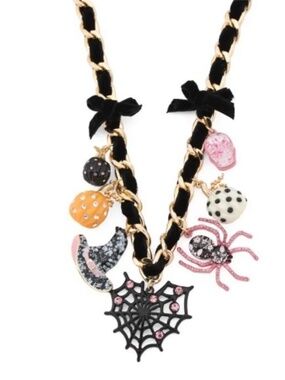Betsey Johnson spider web, pumpkin, pink spider necklace